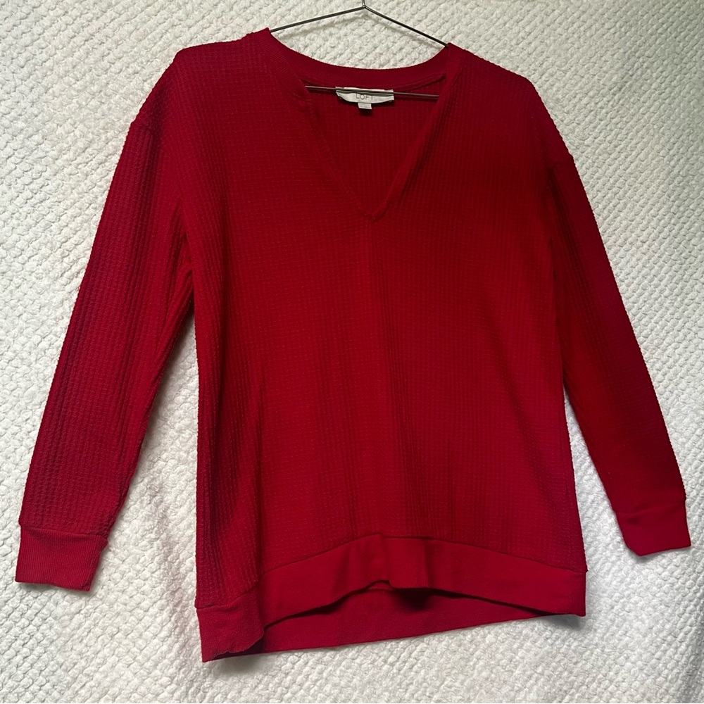 LOFT Womens Sweater Pull Over Red V-Neck Soft Cozy Casual Cold Weather Small